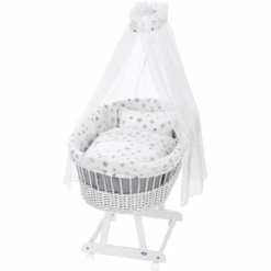 Alvi® Culla Birthe Bianco + Set Biancheria 777-9 Stelle Grigio Argento