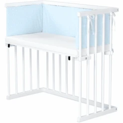Dreamgood Lettino Co-sleeping In Faggio Laccato Bianco | Materasso Prime Air | Paracolpi, Celeste A Pois Bianchi