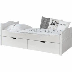 TiCAA Letto Singolo Leni 100 X 200 Cm In Pino Bianco Con 2 Cassetti Aden