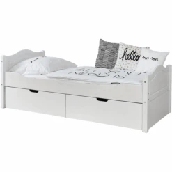 TiCAA Letto Singolo Leni 90 X 200 Cm In Pino Bianco Con 2 Cassetti Aden