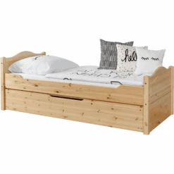 TiCAA Letto Singolo Leni 90 X 200 Cm Pino Nature, Con Letto Aggiuntivo